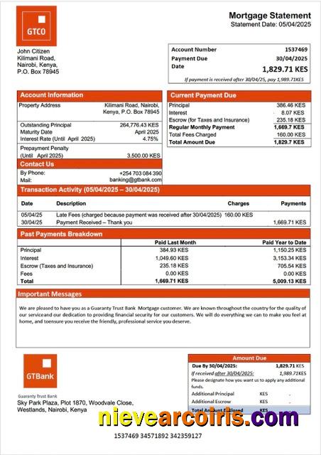 Kenya Guaranty Trust Bank mortgage statement Word and PDF template